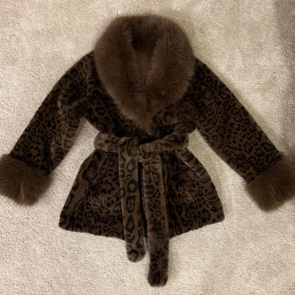 Faux fur cheetah print tie coat